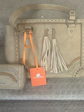 American Living Beige Tassel Tote with Stud Detail